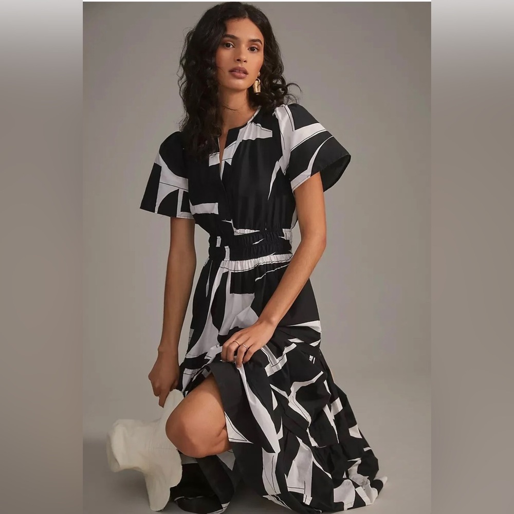 Anthropologie Black and White Abstract Maxi Dress